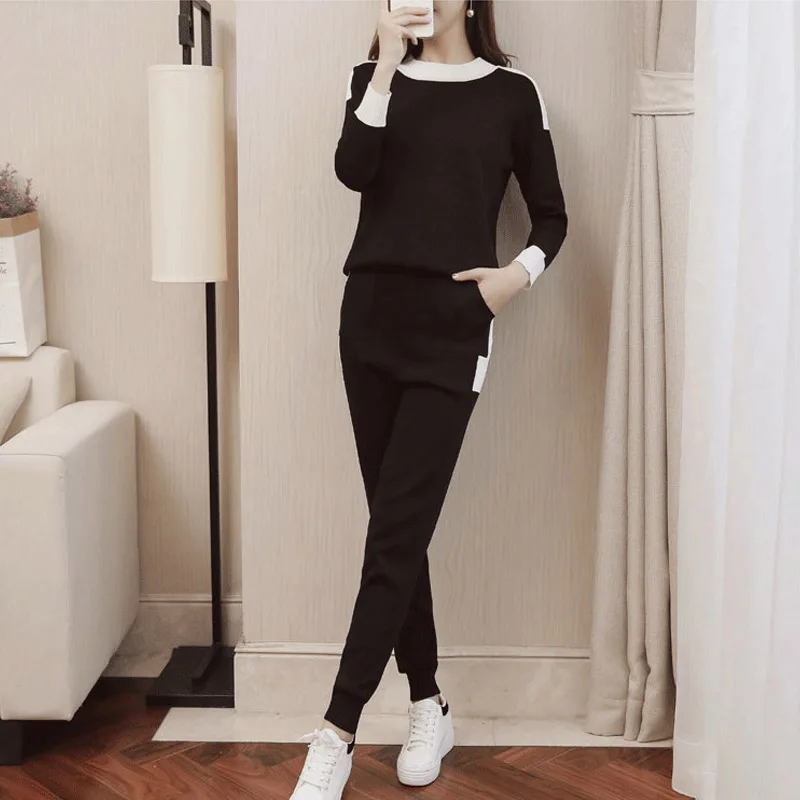 W17-5113Black Осенне-зимние трикотажные пуловеры, водолазки, Модный женский костюм, одежда, комплект из 2 предметов, трикотажные брюки, женский спортивный костюм - Цвет: W17-5113Black