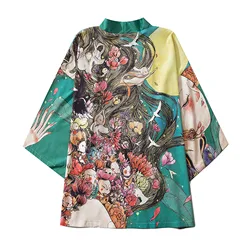 Quimono cardigan camisa blusa masculina verão primavera casual solto frente aberta 3/4 manga estilo japonês impressão cobrir cardigan