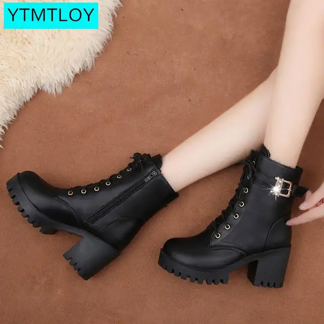 Fashion  women leather autumn winter round toe high heels shoes female lace-up black  platform ankle boots platform boots gothic