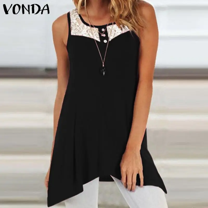 

Lace Tunic Women Sleeveless Blouse VONDA 2020 Sexy Tops O-Neck Solid Hollow Out Irregular Hem Shirts Casual Tank Tops Plus Size