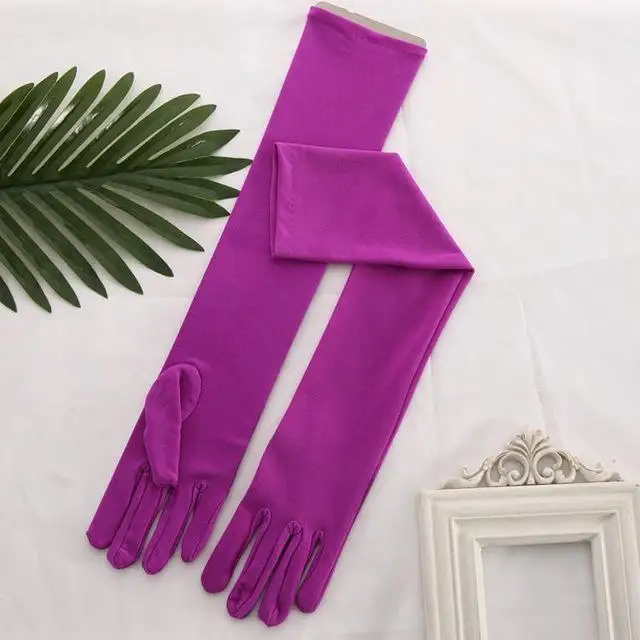 Дешевая атласная белая перчатка длинные перчатки для невесты черные красные длиной до локтя женские танцевальные свадебные перчатки полный палец аксессуары для невесты - Цвет: light purple