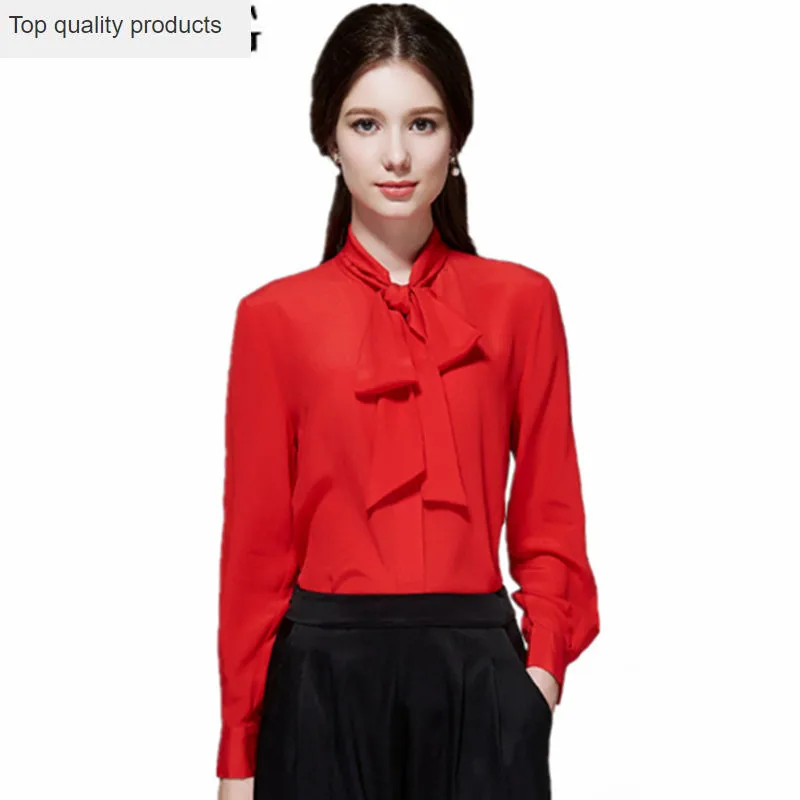 

2020 Spring Fashion 100% Silk Blouse Women Office Women's Shirt Long Sleeve Womens Tops and Blouses Bow-tie blusa feminina YQ151