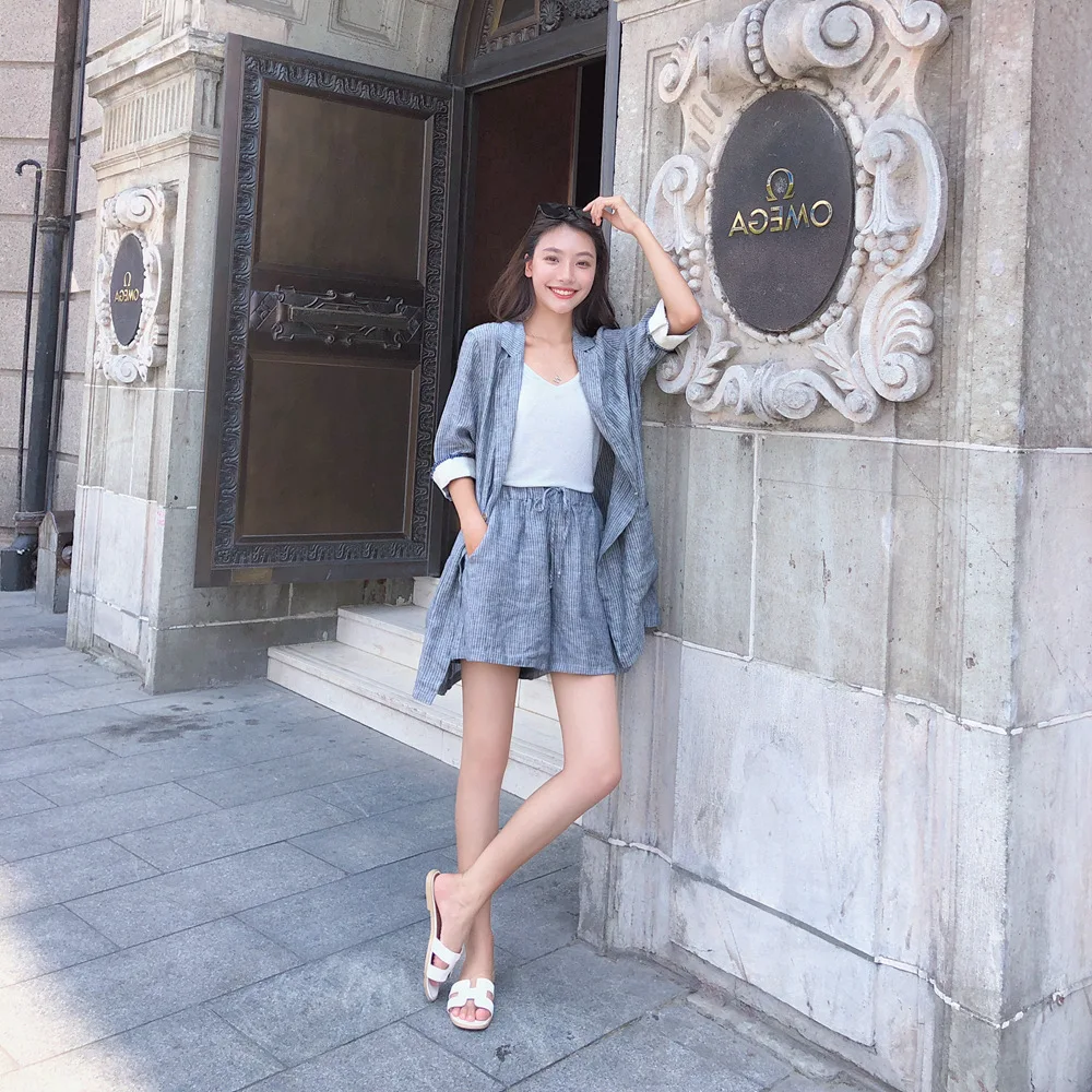 

Photo Shoot 2018 Summer New Style WOMEN'S Dress Smart Able Retro CHIC-Style Cotton Linen Striped Suit Two-Piece Set