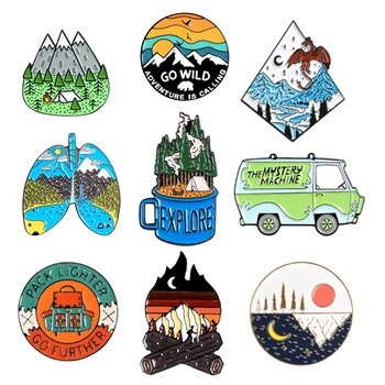 

Go wild! Travel vacation jungle picnic forest big mountain lake mysterious bus coffee cup lapel pin outdoor gift brooch jewelry