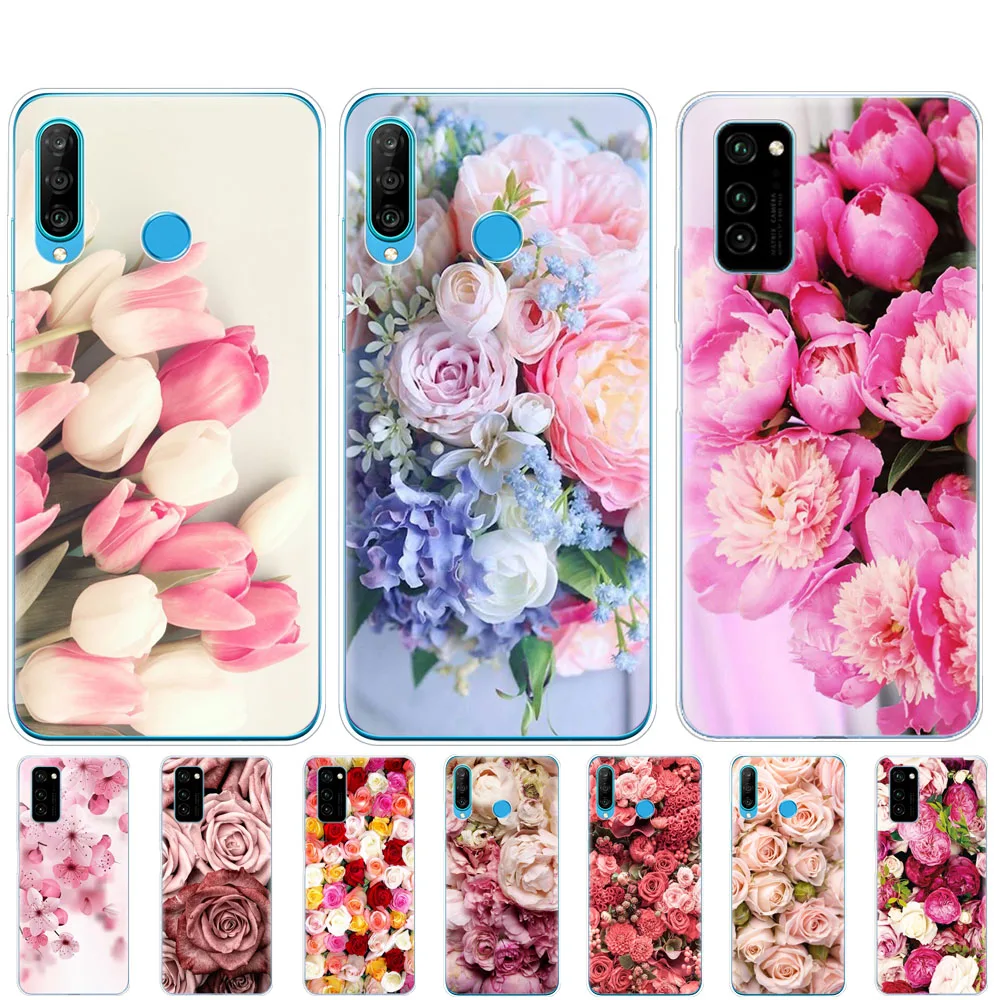 Custodia In Silicone Per Huawei Honor 9A 9C 20 Lite Pro V20 Vista 30 Pro Per Honor 9X Premio Della Copertura Del Respingente Fiore Rosa Peonia