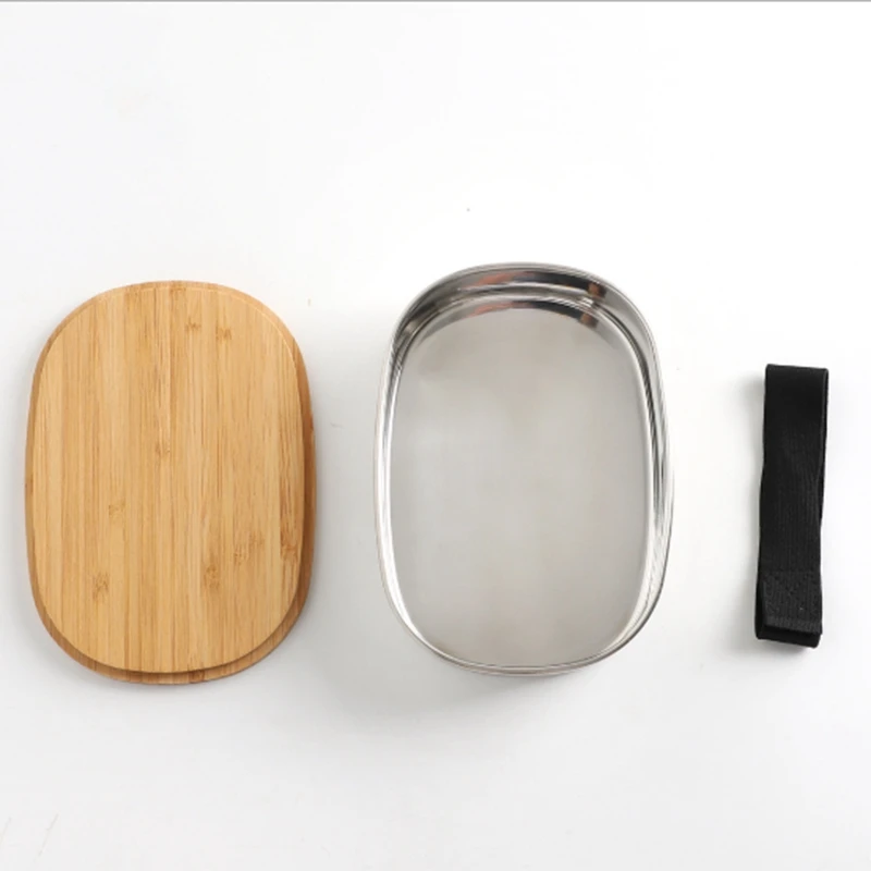 

Stainless Steel Lunch Box with Wooden Lid Japanese Style Lunch Box Portable Food Storage Bento Box for Family School Picnic Food