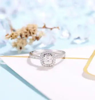 

Solid 14K White Gold Center 4mm Princess Cut Moissanite Halo Engagement Ring for Women Wedding Gift