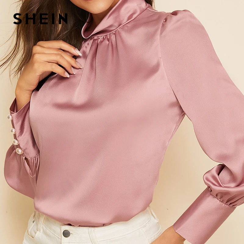 SHEIN розовый подставка с воротником Замочная скважина атласные Элегантный Топ Для женщин Демисезонный с длинным рукавом однотонные женские офисные блузки