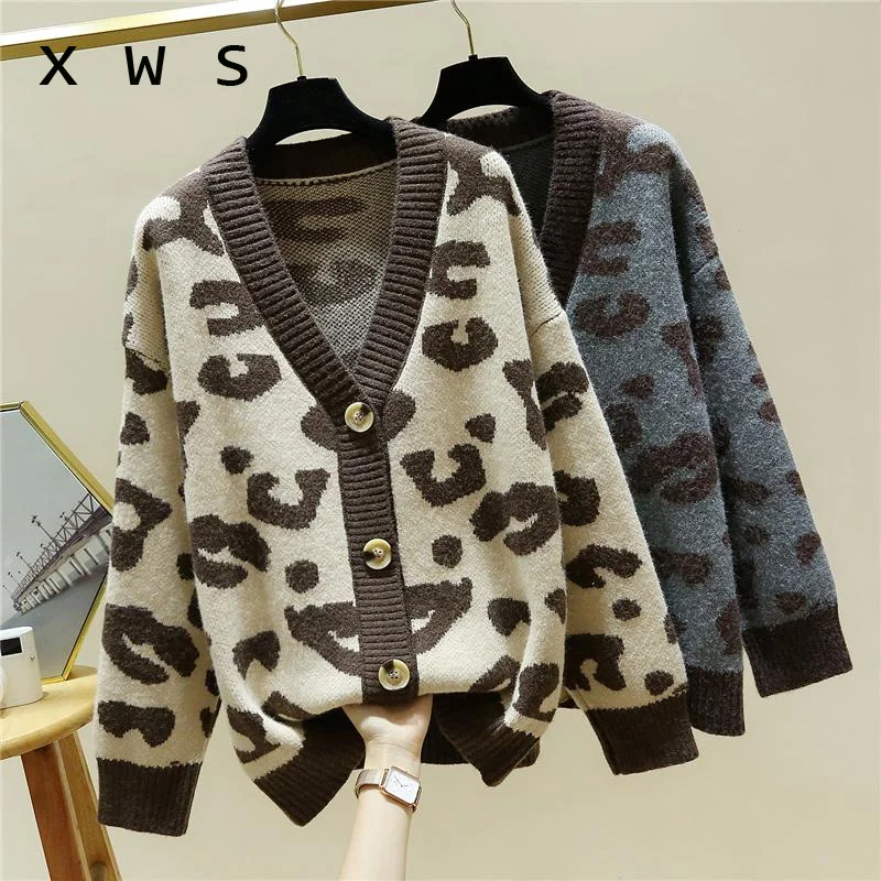 

Women Fashion Long sleeve Sweater and Cardigans Open Stitch Leopard Casual Cardigans Oversized Knit Jacket Out Coat 2020