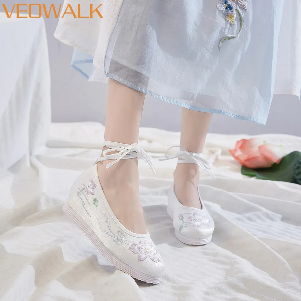Женские туфли на танкетке Veowalk 3 см удобные хлопковые Hanfu с ремешком щиколотке