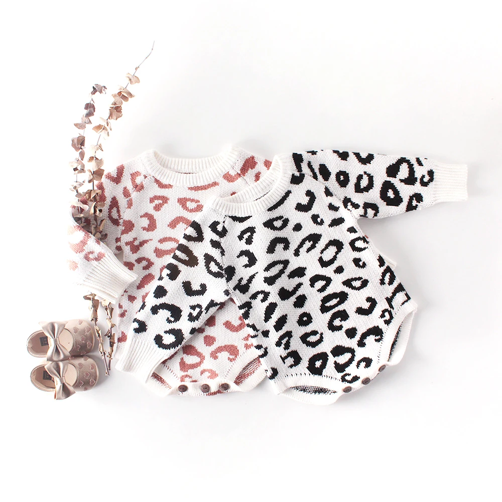 

New Girls Baby Knitted Rompers Winter Clothes Sweater Leopard Round Neck Long Sleeves Jumpsuit Romper Long Sleeve Baby Clothes