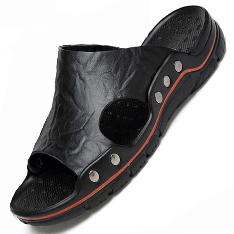 Summer Men's Slippers Genuine Leather Men's Slides Slippers Sandals Designer Luxury Leather Men's Flip Flops Outdoor Sandals Hot