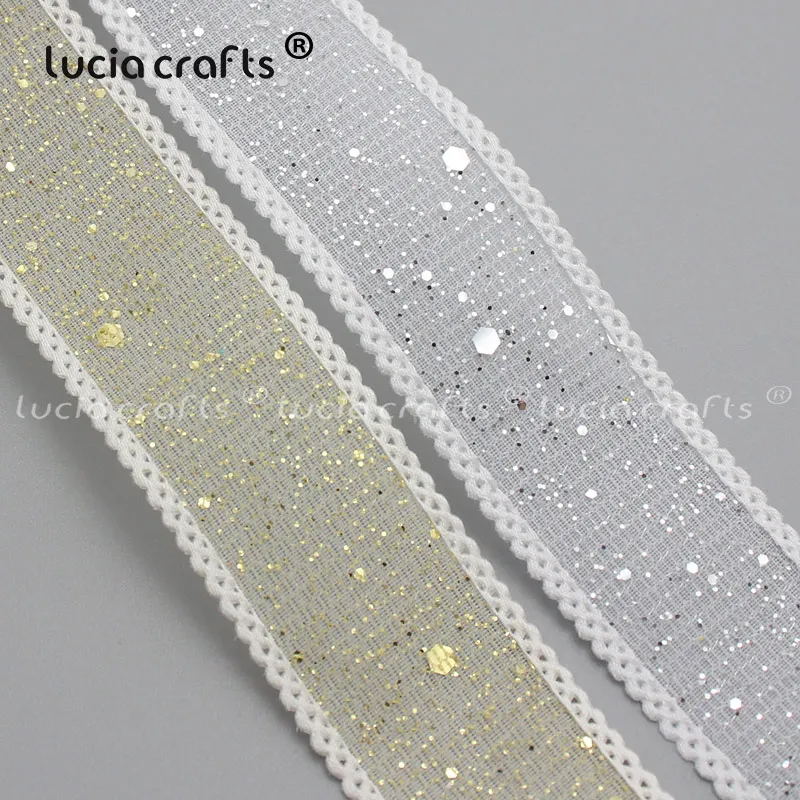 Lucia crafts 25 мм сетка с блестками отделка органза ленты для рождественской упаковки Свадебные DIY Швейные принадлежности аксессуары P0518