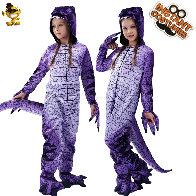 

Christmas Gilrs Dinosaur Tyrannosaurus Costumes Cosplay Jurassic World Mascot Animal Purple Kids Halloween Costume