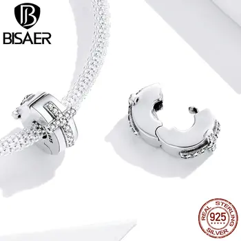 

BISAER 925 Sterling Silver Cross Stopper Open Spacer Cubic Zirconia Charms Beads fit Original Bracelet Bangle Jewelry HSC1497