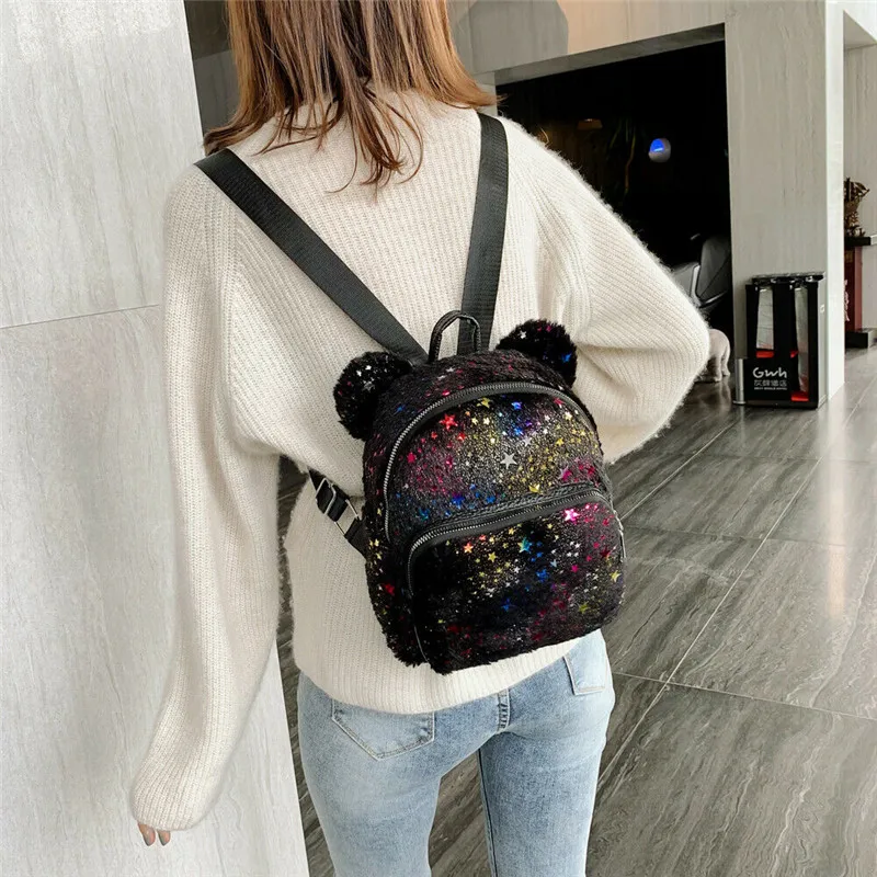 Женский мини-рюкзак для девочек, плюшевый рюкзак с блестками, школьные сумки, маленькая дорожная сумка, сумка на плечо
