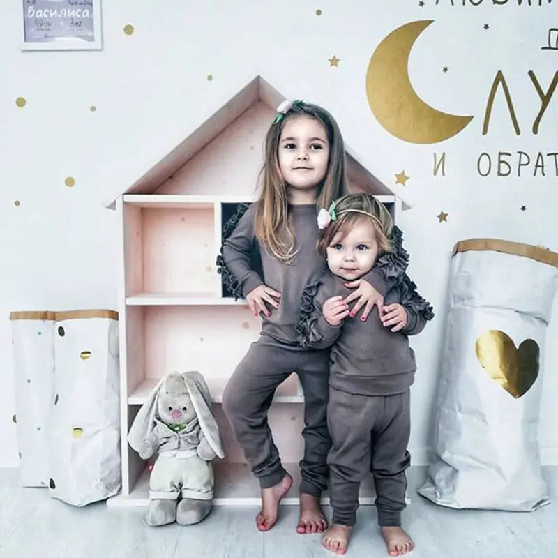 Свитер с оборками для новорожденных мальчиков и девочек+ штаны; однотонная осенняя одежда с длинными рукавами для малышей; 3 цвета
