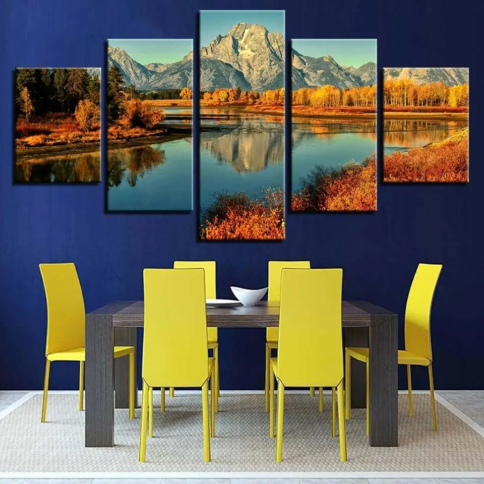 

No Framed Canvas 5Pcs Sunset Mountains Lake Autumn Forest Wall Art Posters Pictures Home Decor Paintings Decorations