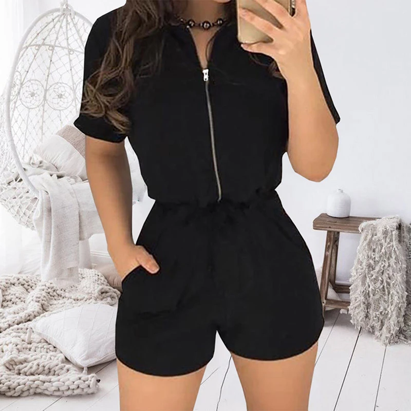 Sexy Zipper Short Sleeve Stitching Shorts Bodysuit Playsuit Casual Solid Color Women Jumpsuit Sexy Shorts Rompers Sexy Zipper Short Sleeve Stitching Shorts Bodysuit Playsuit Casual Solid Color Women Jumpsuit Sexy Shorts Rompers
