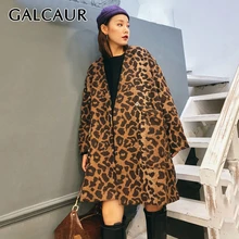 GALCAUR винтажные леопардовые миди куртки для женщин с v-образным вырезом и длинным рукавом сплит осеннее шерстяное пальто Женская мода одежда Tide