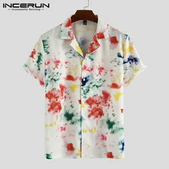 

INCERUN Men Hawaiian Shirt Tie Dye Short Sleeve Streetwear Breathable Printed Blouse 2020 Lapel Summer Beach Male Casual Shirts