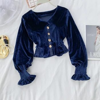 

Spring 2020 Chic Vintage Velvet T-shirt Women Navy Slim Short Tshirts Tops Elastic High Waist Buttons Puff Sleeves Clothes Femme
