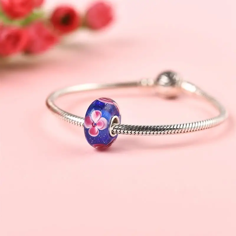 DALARAN 925 пробы серебряные стеклянные бусины Цветок из Мурано талисманы Fit Pandora браслет DIY Европейские Аутентичные женские ювелирные изделия
