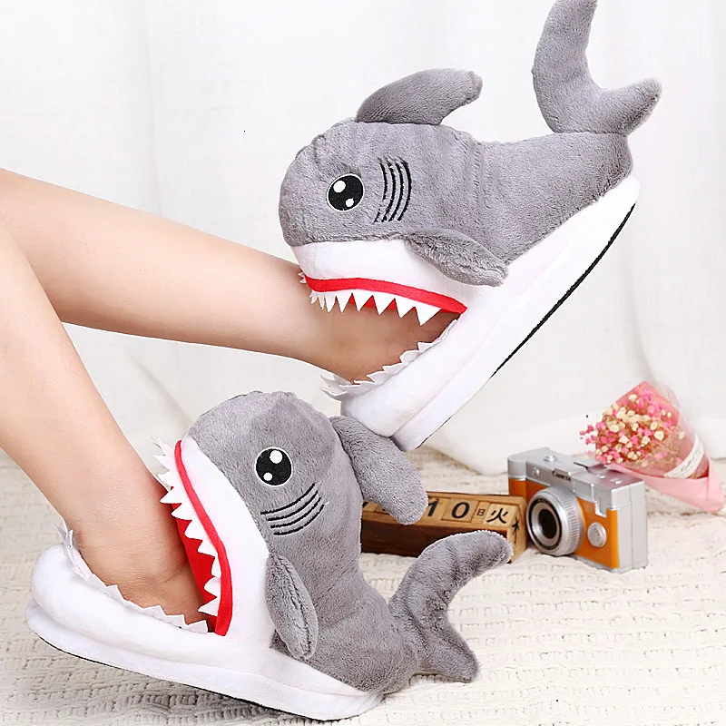 

Winter Super Animal Funny Shoes For Men and Women Warm Soft Bottom Home&House Indoor Floor Shark Shape Furry Slippers Shallows