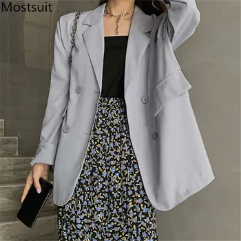 

Thin Double-breasted Casual Korean Blazer Coat Women Long Sleeve Notched Collar Loose Solid Simple Fashion Tops Blazers Femme