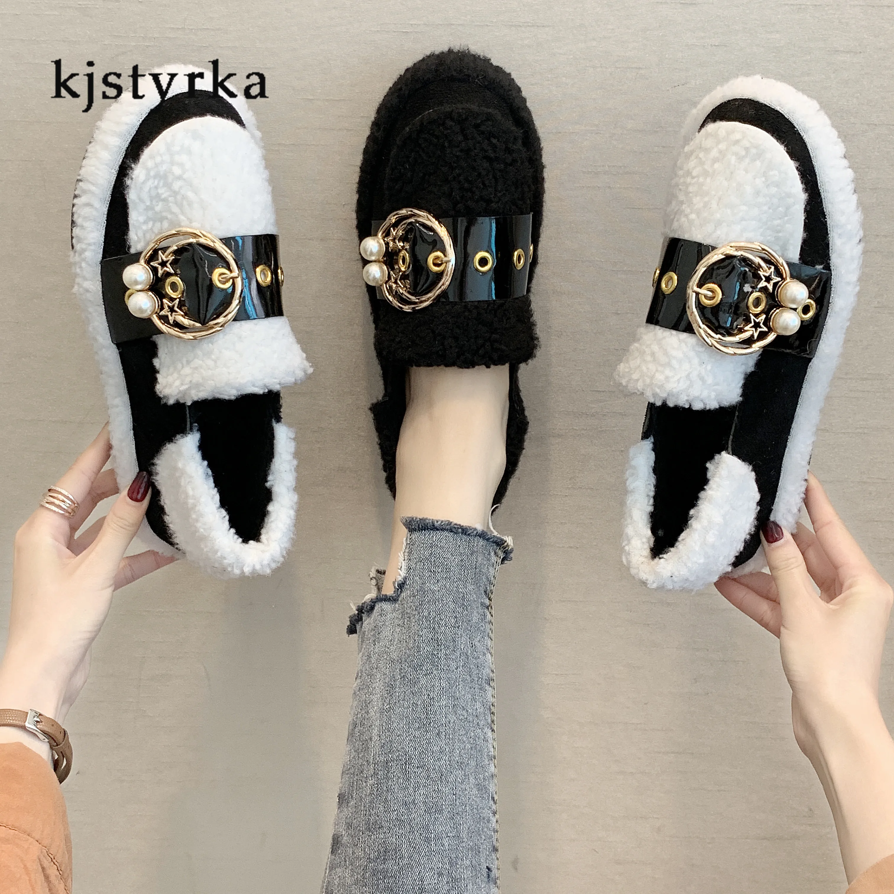 

Kjstyrka 2019 new fahsion short plush paerl zapatos mujer women flats slip-on metal decoration Furry Moccasins flat heels soft