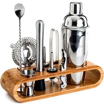 

10 Piece Set Stainless Steel Cocktail Set Bar Bartending Tool Barware Set Shaker Set with Wooden Rack Bar Bartending Supplies