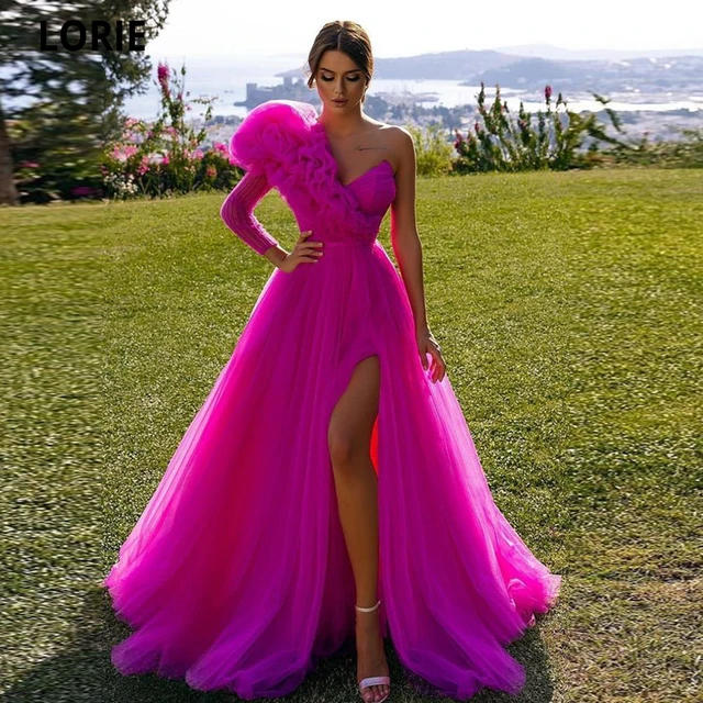 LORIE Tulle Evening Dresses Vestidos De Fiesta One Sleeve V-neck Puff Organza Arabic Dubai Formal Gowns Leg Slit Evening Gowns Fuchsia