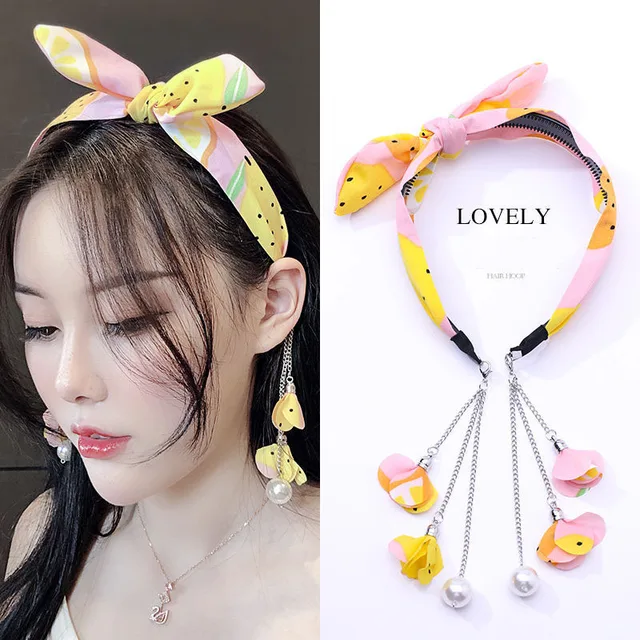 Women Removable Earring Ribbon Hairband Hair Hoop with Eardrop Headband Fashion Dangler Head Band Hair Accessories Headwear Pink Yellow