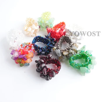 

10PCS Multicolor Quartz Garnet Labradoirte Aventurine Shell Blue Sand Flourite Chip Gem Stone Beads Stretch Finger Rings IC2045