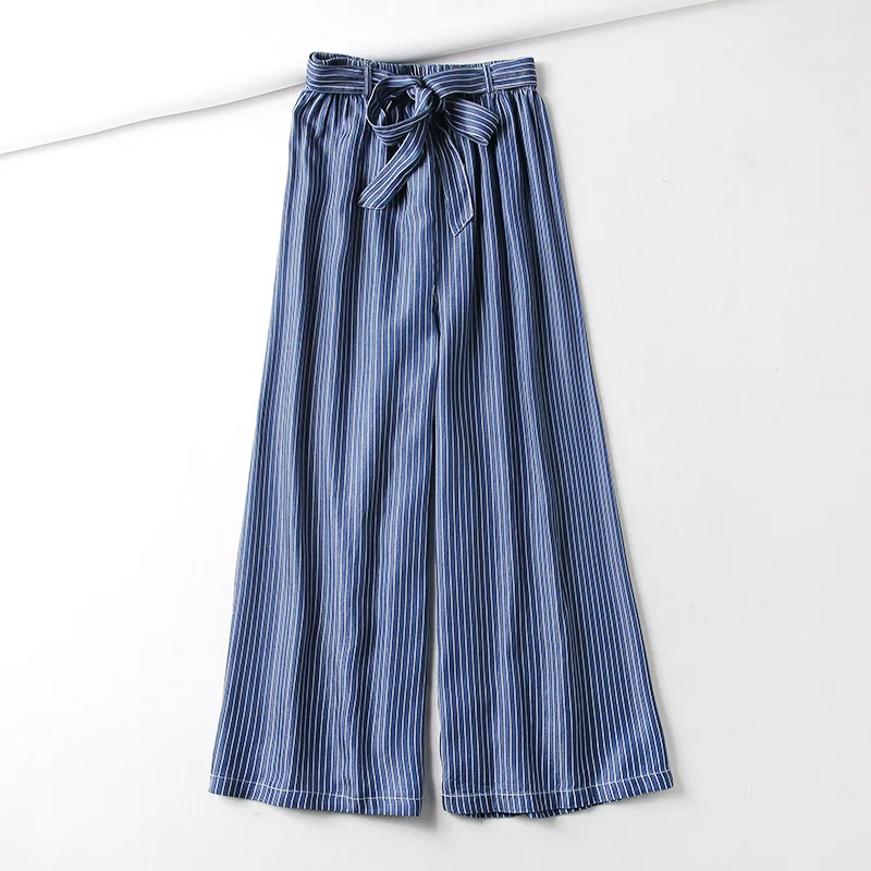 New Summer Women Elastic Hight Waist Jeans Bow-striped Denim Wide Leg Pants Ankle Length Pants Boyfriend Jeans for Women