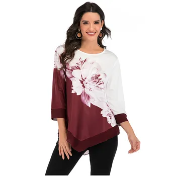 

Floral Print Mesh Patchwork Three Quarter Sleeve O-neck T-shirt Top 2020 Spring Summer Women Casual Asymmetrical Tee Plus size