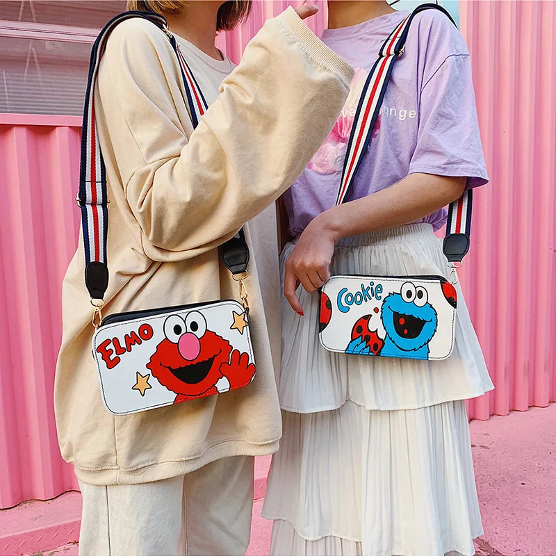 

2019 Summer New Style Cartoon Spray-print Sesame Street Celebrity Style Square Sling Bag Wide Strap Shoulder Oblique Bag