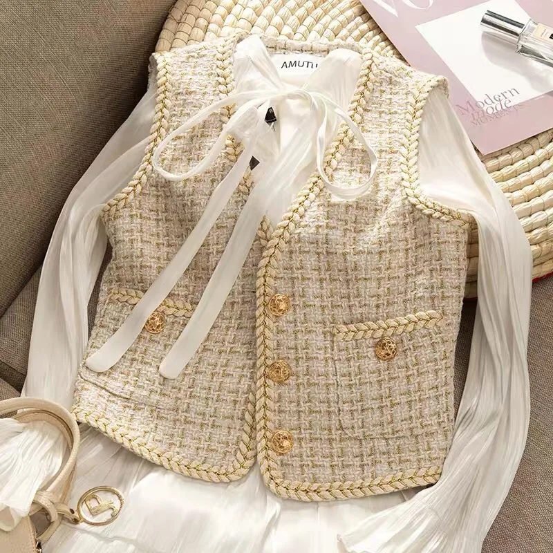 

Tweed Vest Summer Versatile Vest Women's Outdoor Waistcoat Thin Hong Kong Style Tops Short Coat Graceful Set