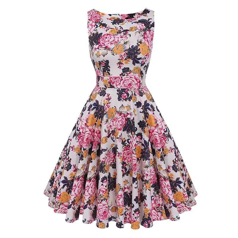 Kostlish Cotton Summer Dress Women 2017 Sleeveless Tunic 50s Vintage Dress Belt Elegant Print Rockabilly Party Dresses Sundress (58)
