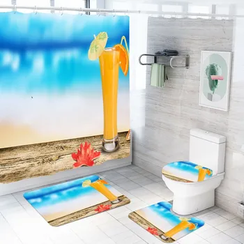 

Drink Cup Print Polyester Hoilday Bathroom Set Bath Rug Set Toilet Cover Waterproof Bath Curtain with Hooks 3/4 Pcs Home Decor