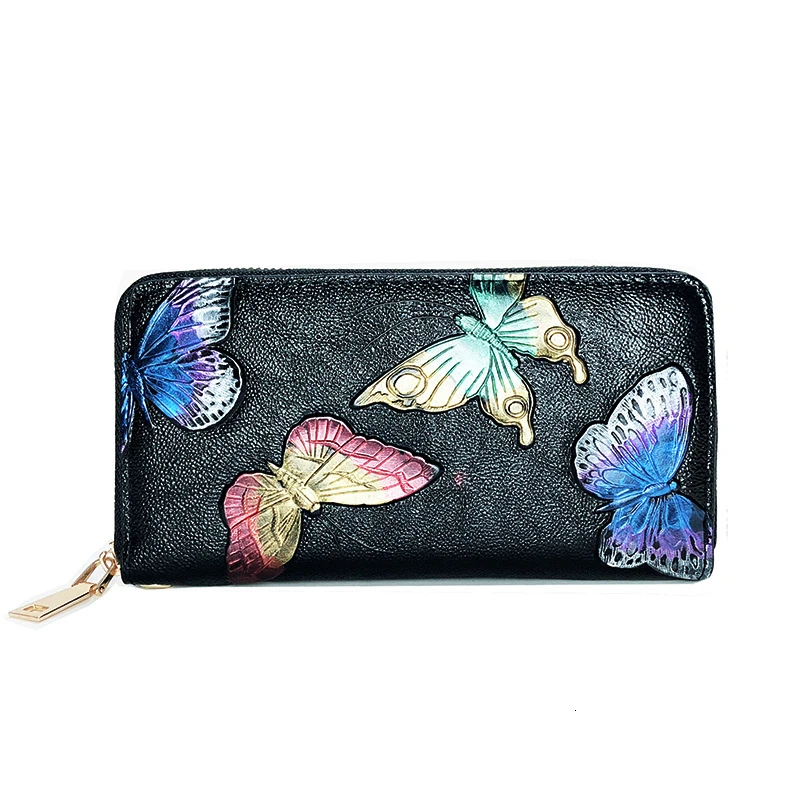 Wallets Women Long Clutch Bags Classic National Floral Decorate Multi-function PU Leather Handbags Zipper Card Holders For Lady - Цвет: Butterfly Flower