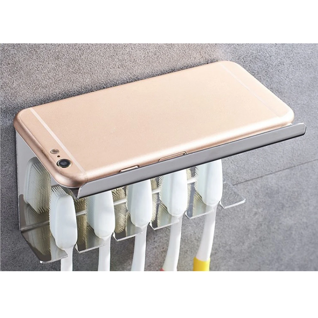 Stainless Steel Wall Mounted Shower Bathroom Toothbrush Toothpaste Holder Stand 5 Holes, Easy To Install