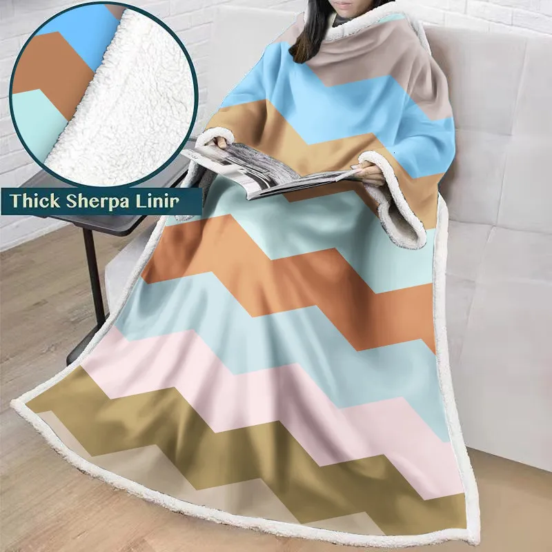 Wearable Long Sleeves Blanket Geometry Printing Soft Cozy Fleece Winter Warm Cover Blanket Travel Camping Cold-proof Blanket