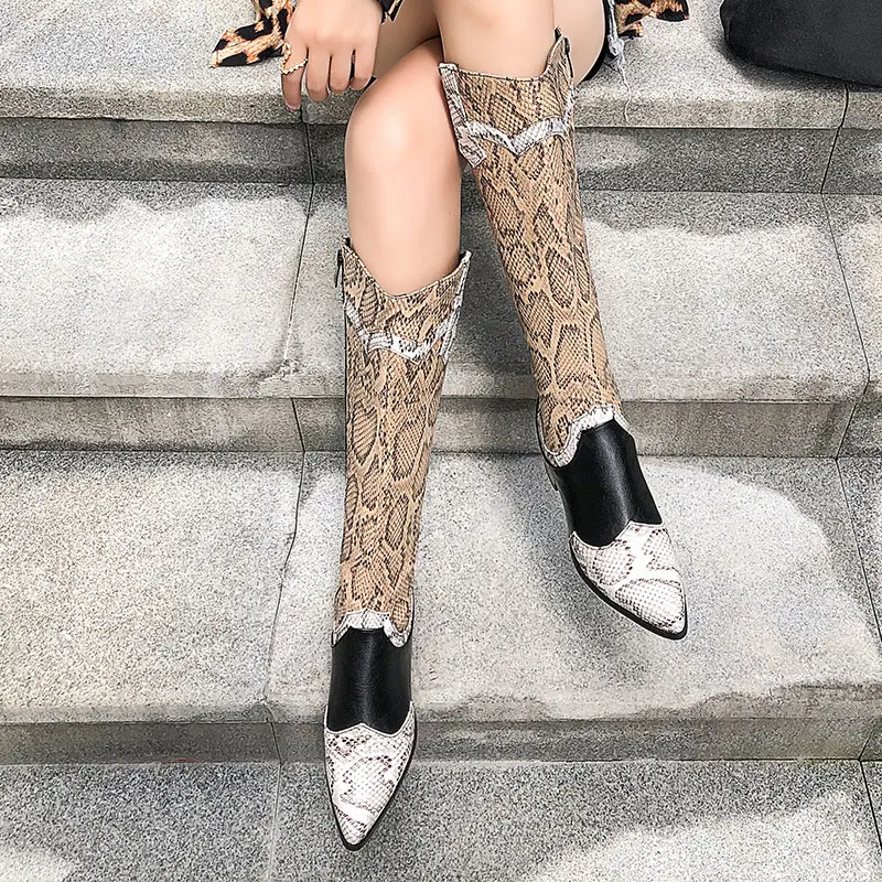 Lsewilly Women Boots Flats Pointed Toe Low-heele Snake Print Western Rodeo Cowboy Long Boots Fashion Female Casual Shoes