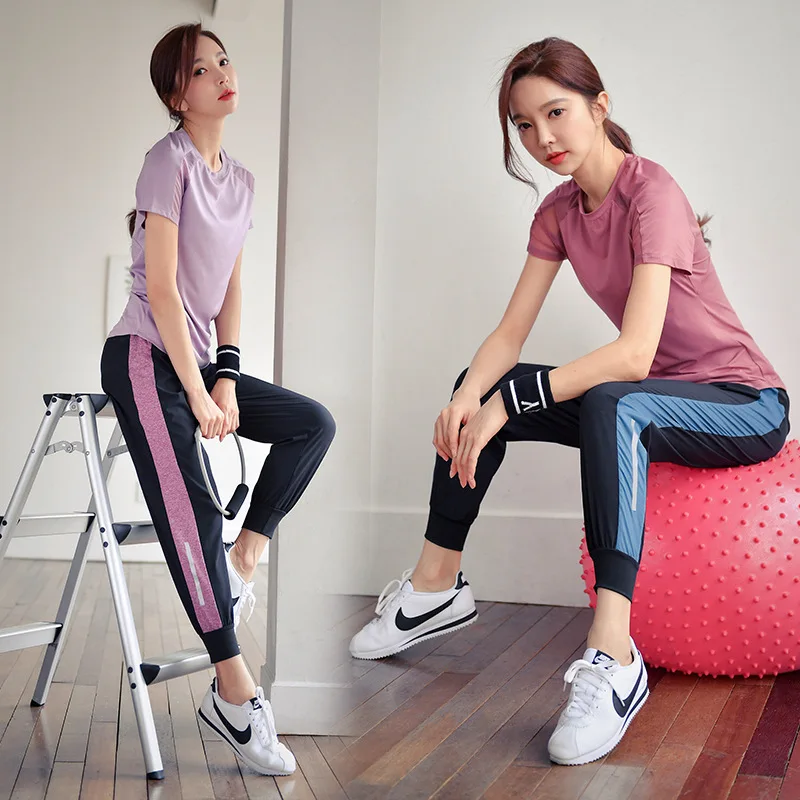 

New Style Quick-Dry Gauze Breathable Workout Clothes Yoga Clothes Short Sleeve Print Yoga Pants Trousers WOMEN'S Suit