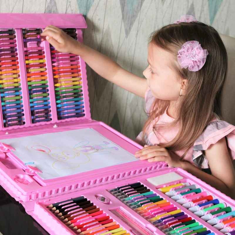 42-208PCS Children Art Painting Set Colored Pencil Crayon Watercolors Pens With Drawing Board Toy Kids Educational Toys Gift | Игрушки и
