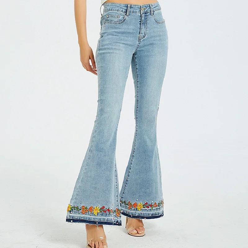 

2019 Pearl Jeans Embroidery Flower Flare Jeans High Waist Women Fashion Blue Skinny Push Up Denim Pants Sale Items Free Shiping