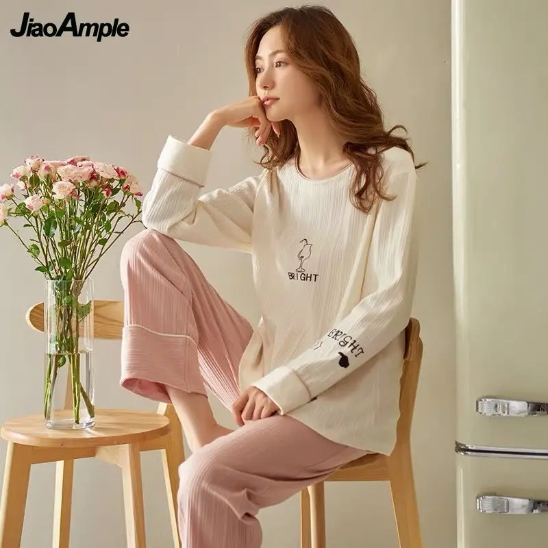 2022 Spring Autumn Casual Sleepwear women's Cotton Pajamas  Suit Female Long-sleeved Trousers Nightie Pijamas Two Piece Set