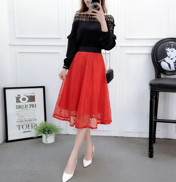 BLLOCUE New 2020 High Waist Mesh Fluffy Skirt Spring Women Fashion Hollow Lace A-line Midi Skirt nike skirt