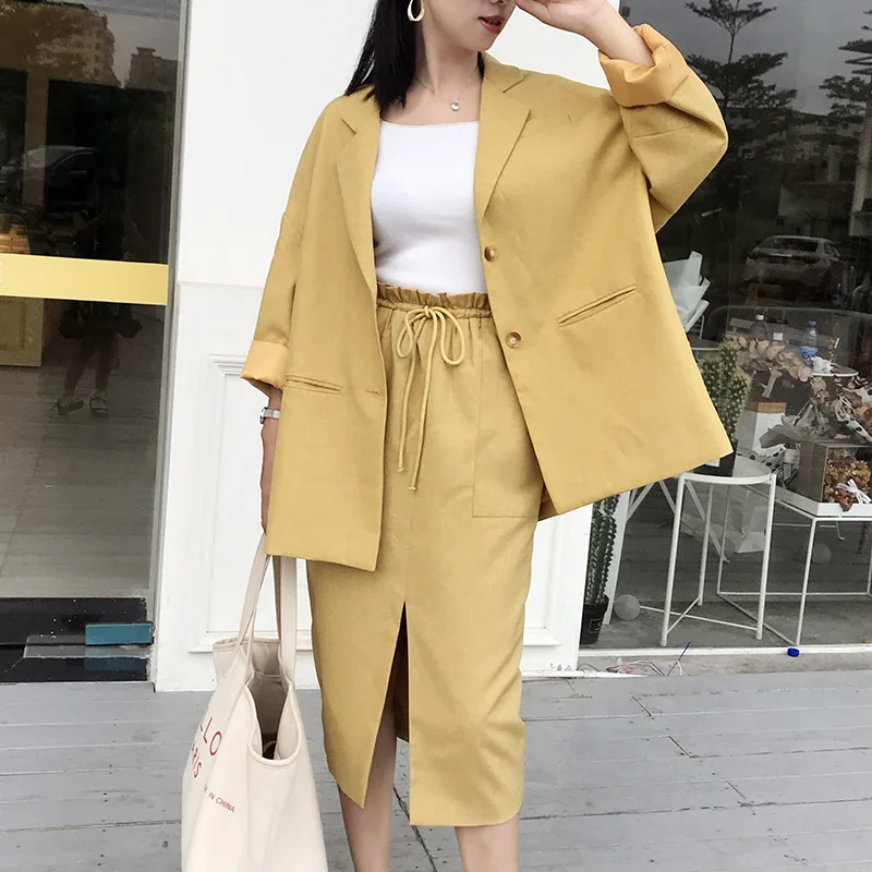 

Elegant women's skirt set 2019 new autumn long section loose large size suit jacket two-piece Slim skirt Fashion women's suit